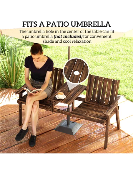 Outsunny 2-Seater Garden Bench with Table & Parasol Hole, Antique Loveseat for Porch, Patio, Carbonised Finish