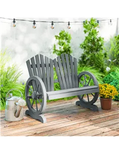 Outsunny Fir Wood Love Seats with Wheel-Shaped Armrests, Large Load-Bearing Chair, Grey 2