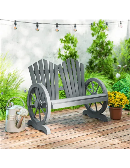 Outsunny Fir Wood Love Seats with Wheel-Shaped Armrests, Large Load-Bearing Chair, Grey