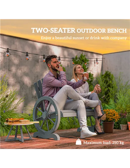 Outsunny Fir Wood Love Seats with Wheel-Shaped Armrests, Large Load-Bearing Chair, Grey