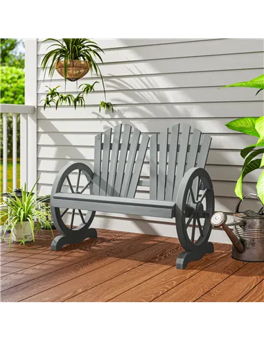 Outsunny Fir Wood Love Seats with Wheel-Shaped Armrests, Large Load-Bearing Chair, Grey
