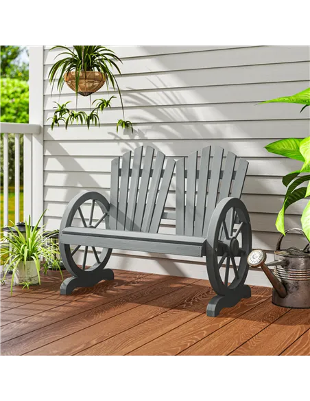 Outsunny Fir Wood Love Seats with Wheel-Shaped Armrests, Large Load-Bearing Chair, Grey
