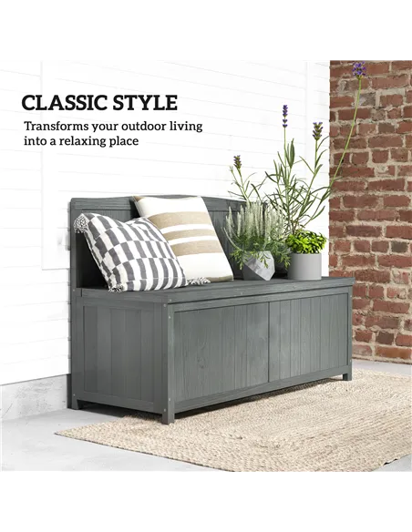 Outsunny Wood Storage Bench for Patio Furniture, Outdoor Garden Seating Tools, Grey