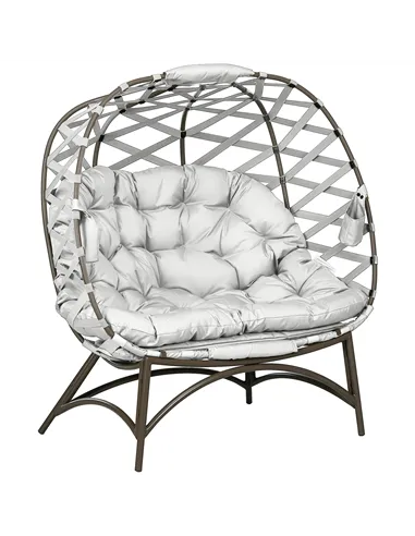 Outsunny 2 Seater Egg Chair Outdoor, Folding Weave Garden Furniture Chair with Cushion, Cup Pockets - Light Grey