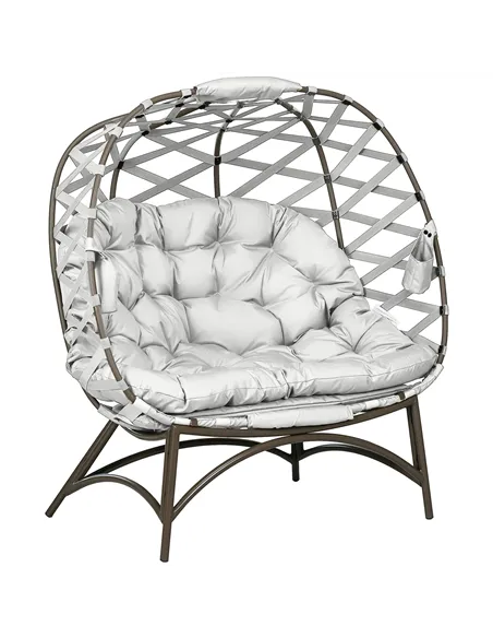 Outsunny 2 Seater Egg Chair Outdoor, Folding Weave Garden Furniture Chair with Cushion, Cup Pockets - Light Grey
