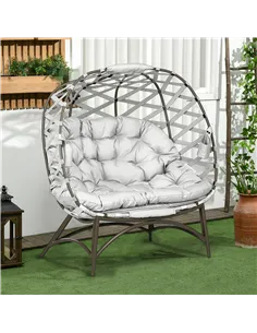 Outsunny 2 Seater Egg Chair Outdoor, Folding Weave Garden Furniture Chair with Cushion, Cup Pockets - Light Grey 2