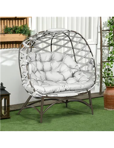 Outsunny 2 Seater Egg Chair Outdoor, Folding Weave Garden Furniture Chair with Cushion, Cup Pockets - Light Grey