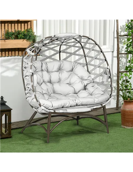 Outsunny 2 Seater Egg Chair Outdoor, Folding Weave Garden Furniture Chair with Cushion, Cup Pockets - Light Grey