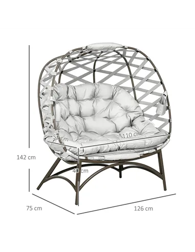Outsunny 2 Seater Egg Chair Outdoor, Folding Weave Garden Furniture Chair with Cushion, Cup Pockets - Light Grey