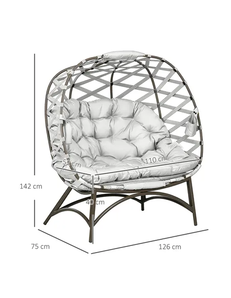 Outsunny 2 Seater Egg Chair Outdoor, Folding Weave Garden Furniture Chair with Cushion, Cup Pockets - Light Grey