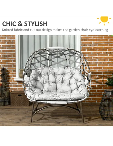 Outsunny 2 Seater Egg Chair Outdoor, Folding Weave Garden Furniture Chair with Cushion, Cup Pockets - Light Grey