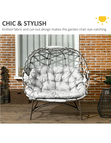 Outsunny 2 Seater Egg Chair Outdoor, Folding Weave Garden Furniture Chair with Cushion, Cup Pockets - Light Grey