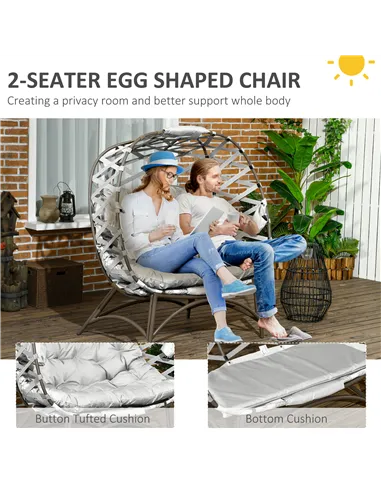 Outsunny 2 Seater Egg Chair Outdoor, Folding Weave Garden Furniture Chair with Cushion, Cup Pockets - Light Grey