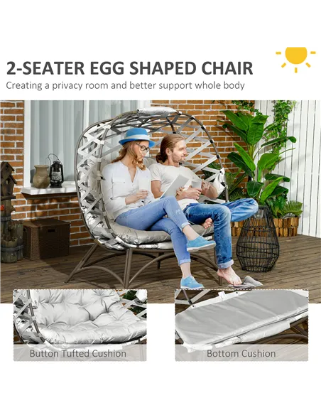 Outsunny 2 Seater Egg Chair Outdoor, Folding Weave Garden Furniture Chair with Cushion, Cup Pockets - Light Grey