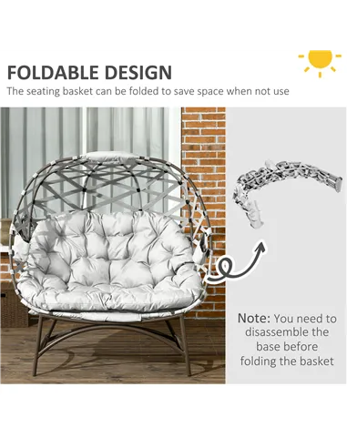 Outsunny 2 Seater Egg Chair Outdoor, Folding Weave Garden Furniture Chair with Cushion, Cup Pockets - Light Grey