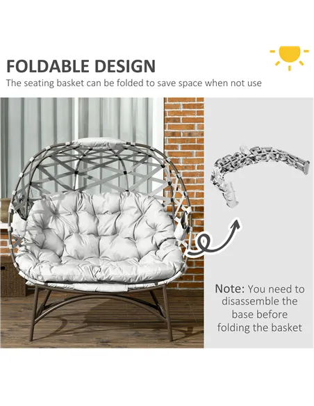 Outsunny 2 Seater Egg Chair Outdoor, Folding Weave Garden Furniture Chair with Cushion, Cup Pockets - Light Grey