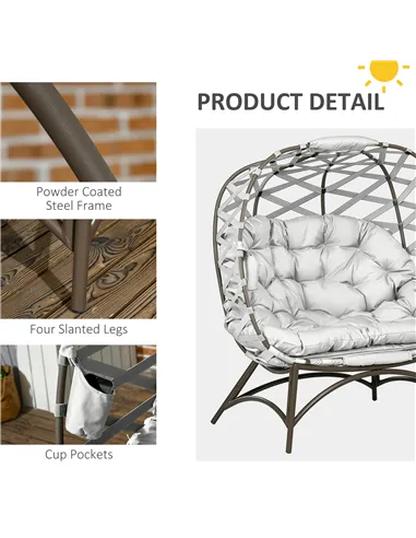 Outsunny 2 Seater Egg Chair Outdoor, Folding Weave Garden Furniture Chair with Cushion, Cup Pockets - Light Grey