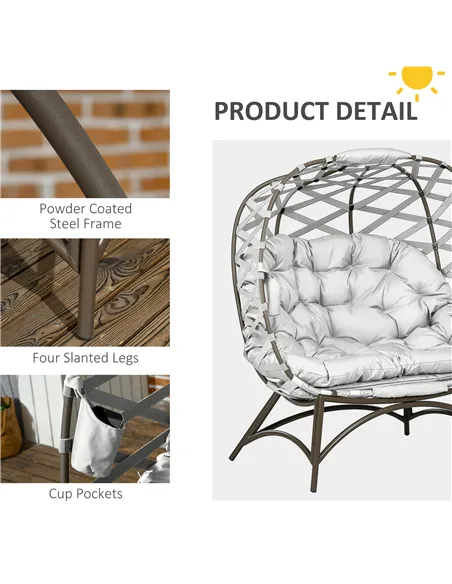 Outsunny 2 Seater Egg Chair Outdoor, Folding Weave Garden Furniture Chair with Cushion, Cup Pockets - Light Grey