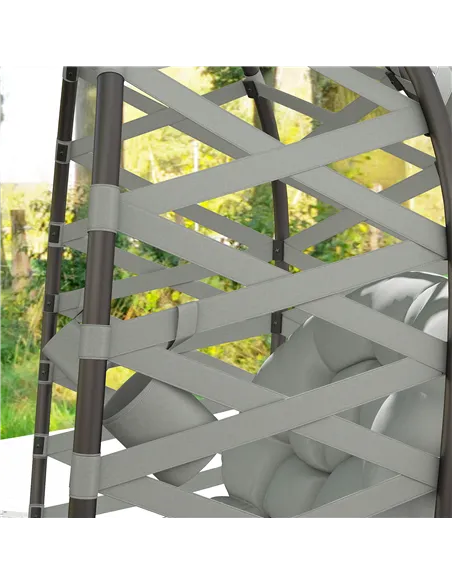 Outsunny 2 Seater Egg Chair Outdoor, Folding Weave Garden Furniture Chair with Cushion, Cup Pockets - Light Grey