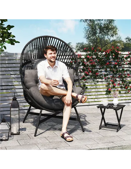 Outsunny Rattan Egg Chair, Oversized Freestanding Garden Egg Chair with Thick Tufted Cushion, Headrest, Steel Frame for Indoor a