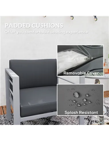 Outsunny Garden Sofa, All-Weather Garden Single Sofa with Removable Cushions, Metal Frame Outdoor Furniture for Balcony, Charcoa