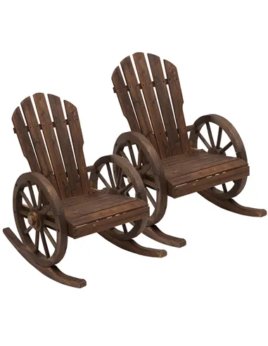 Outsunny 2 Piece Wooden Adirondack Rocking Chair Reclining Armchair Outdoor Garden Furniture Patio Porch Rocker - Carbonized Woo