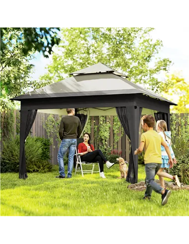 Outsunny 3 x 3(m) Pop Up Gazebo with Mosquito Netting, 1 Person Easy up Marquee Party Tent with 1-Button Push, Double Roof, Carr