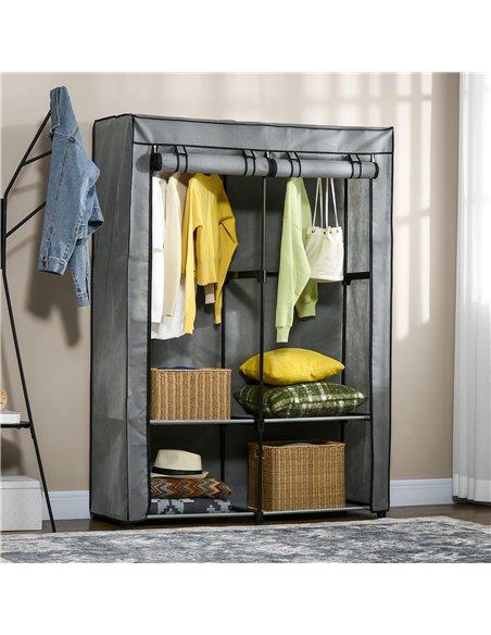 HOMCOM Steel Frame Fabric Wardrobe, with Rail and Shelves - Light Grey