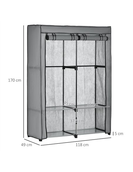 HOMCOM Steel Frame Fabric Wardrobe, with Rail and Shelves - Light Grey