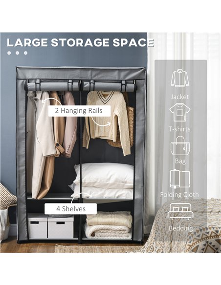 HOMCOM Steel Frame Fabric Wardrobe, with Rail and Shelves - Light Grey