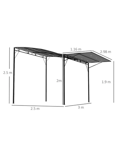 Outsunny 3 x 2.5m Patio Metal Gazebo Door Window Awning Wall Mount Metal Outdoor Shelter Charcoal Grey