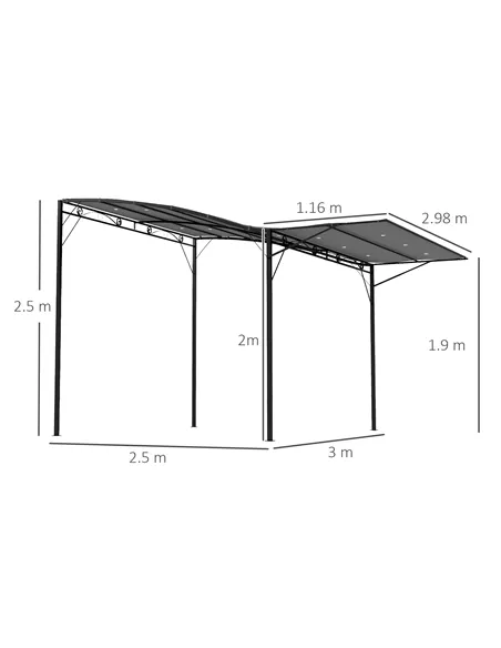 Outsunny 3 x 2.5m Patio Metal Gazebo Door Window Awning Wall Mount Metal Outdoor Shelter Charcoal Grey