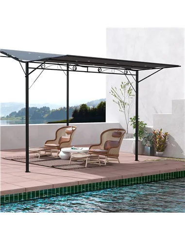 Outsunny 3 x 2.5m Patio Metal Gazebo Door Window Awning Wall Mount Metal Outdoor Shelter Charcoal Grey