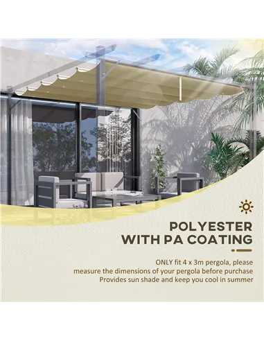 Outsunny Retractable Pergola Shade Cover, Replacement Canopy for 4 x 3 (m) Pergola, Retractable Roof, Beige
