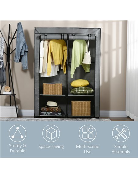 HOMCOM Steel Frame Fabric Wardrobe, with Rail and Shelves - Light Grey