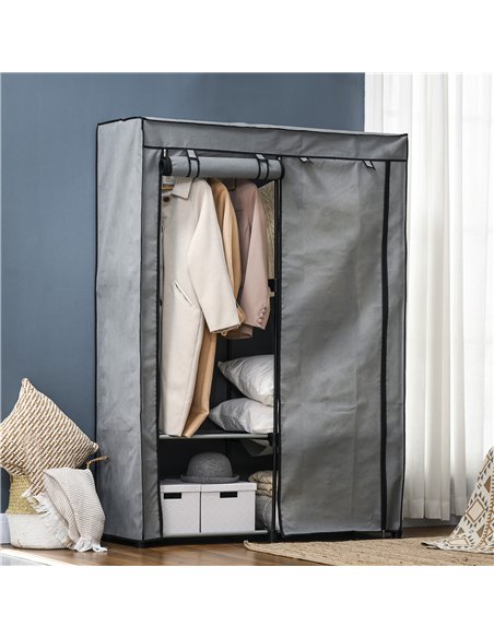 HOMCOM Steel Frame Fabric Wardrobe, with Rail and Shelves - Light Grey