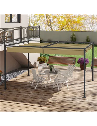 Outsunny 4 x 3(m) Metal Pergola with Retractable Roof, Garden Gazebo Canopy Shelter for Outdoor, Patio, Khaki