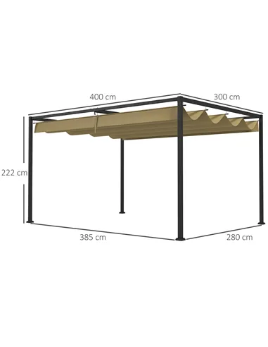 Outsunny 4 x 3(m) Metal Pergola with Retractable Roof, Garden Gazebo Canopy Shelter for Outdoor, Patio, Khaki