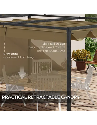 Outsunny 4 x 3(m) Metal Pergola with Retractable Roof, Garden Gazebo Canopy Shelter for Outdoor, Patio, Khaki