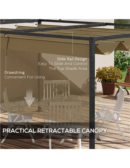 Outsunny 4 x 3(m) Metal Pergola with Retractable Roof, Garden Gazebo Canopy Shelter for Outdoor, Patio, Khaki