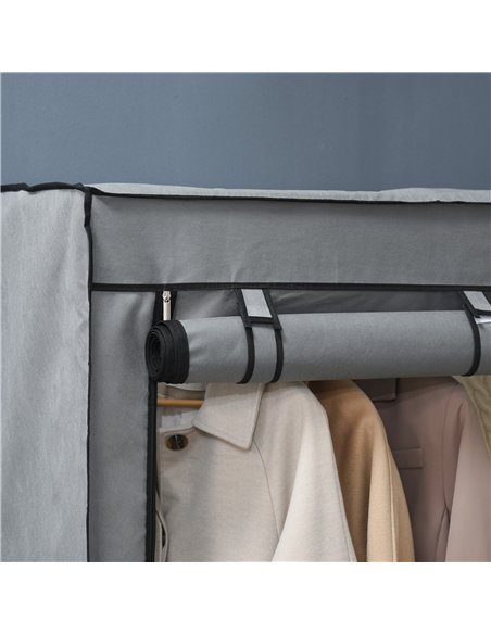 HOMCOM Steel Frame Fabric Wardrobe, with Rail and Shelves - Light Grey