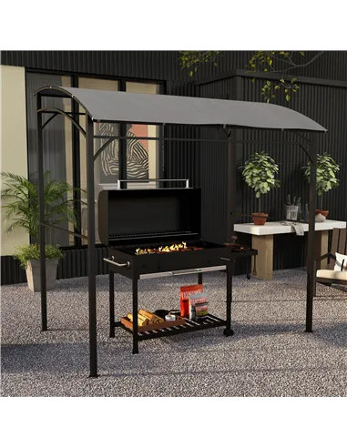 Outsunny 2.2 x 1.5 m BBQ Grill Gazebo Tent, Garden Grill with Metal Frame, Curved Canopy and 10 Hooks, Outdoor Sun Shade, Grey