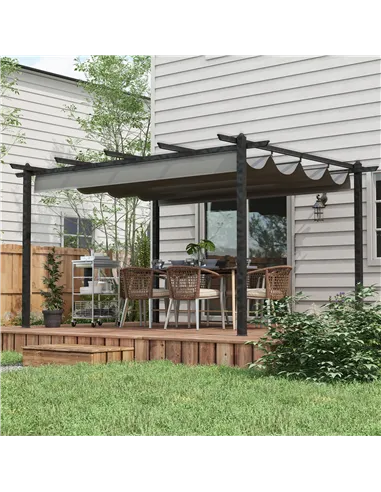 Outsunny 4 x 3(m) Aluminium Pergola with Retractable Roof, Garden Gazebo Canopy Shelter for Outdoor, Patio, Grey