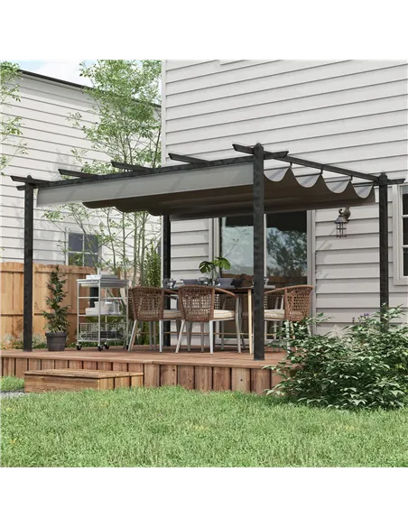 Outsunny 4 x 3(m) Aluminium Pergola with Retractable Roof, Garden Gazebo Canopy Shelter for Outdoor, Patio, Grey