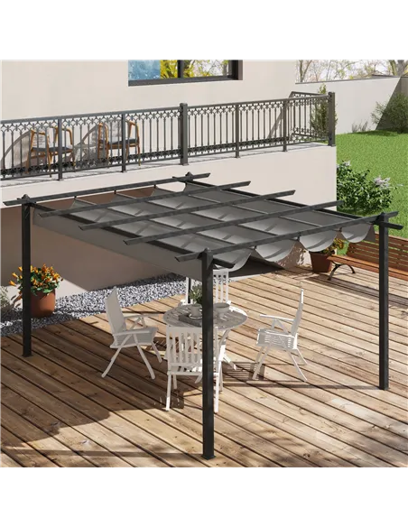 Outsunny 4 x 3(m) Aluminium Pergola with Retractable Roof, Garden Gazebo Canopy Shelter for Outdoor, Patio, Grey