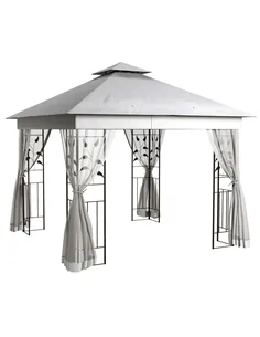Outsunny 3(m) x 3(m)  Double Roof Outdoor Garden Gazebo Canopy Shelter with Netting, Solid Steel Frame, Light Grey