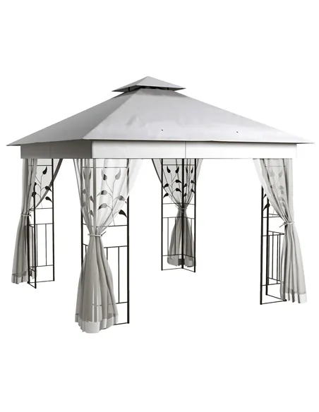 Outsunny 3(m) x 3(m)  Double Roof Outdoor Garden Gazebo Canopy Shelter with Netting, Solid Steel Frame, Light Grey