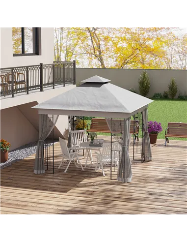 Outsunny 3(m) x 3(m)  Double Roof Outdoor Garden Gazebo Canopy Shelter with Netting, Solid Steel Frame, Light Grey