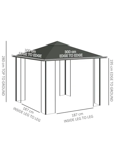 Outsunny 3(m) x 3(m)  Double Roof Outdoor Garden Gazebo Canopy Shelter with Netting, Solid Steel Frame, Light Grey