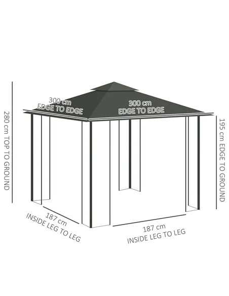 Outsunny 3(m) x 3(m)  Double Roof Outdoor Garden Gazebo Canopy Shelter with Netting, Solid Steel Frame, Light Grey